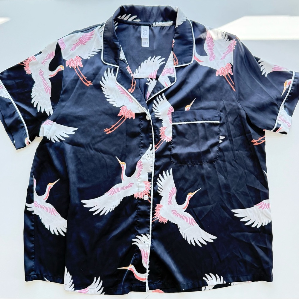 Satin Crane Print Pajama Set